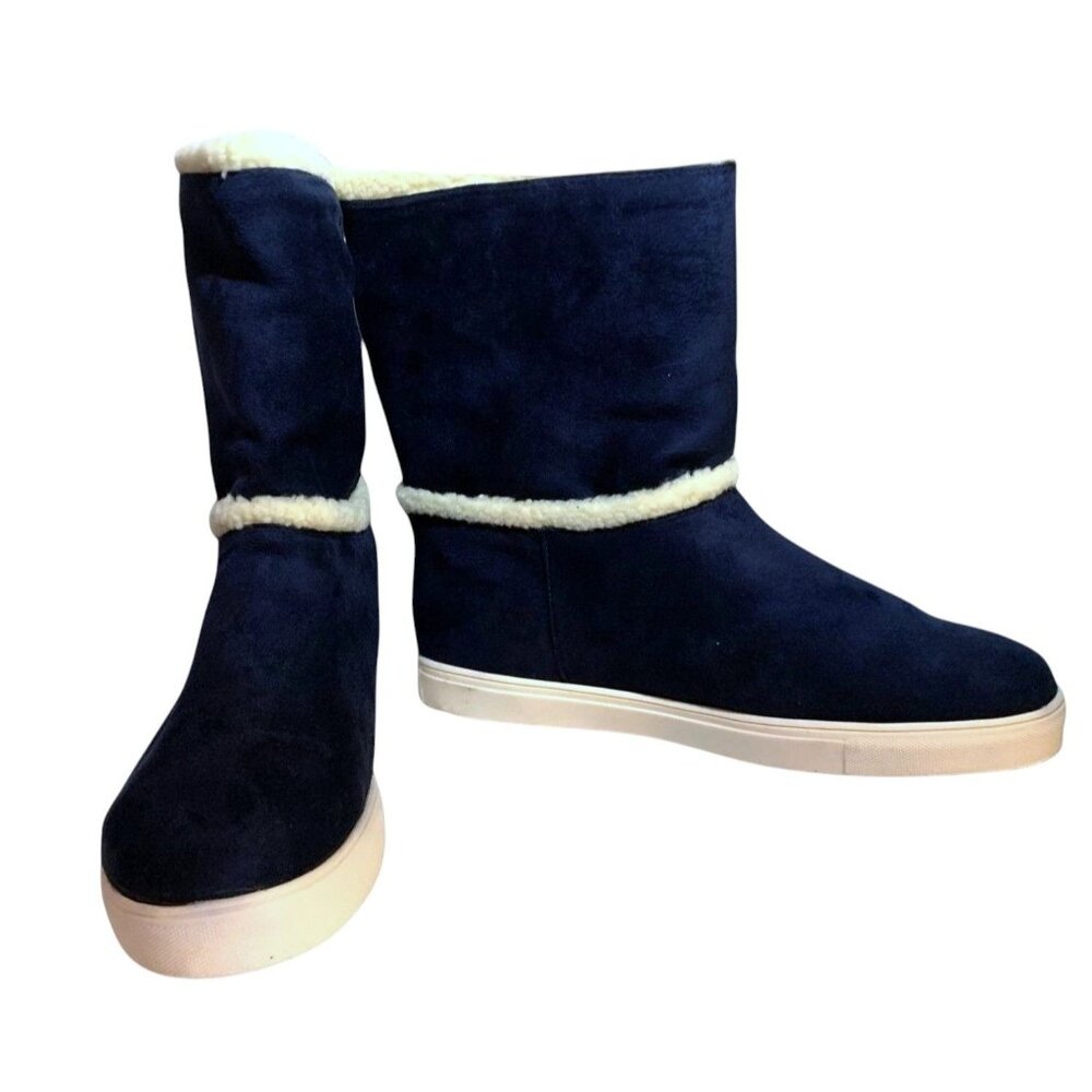 JustFab Romella Navy Faux Suede Boots With Faux Fur Lining & Side Zipper Size 11 - Picture 3 of 8
